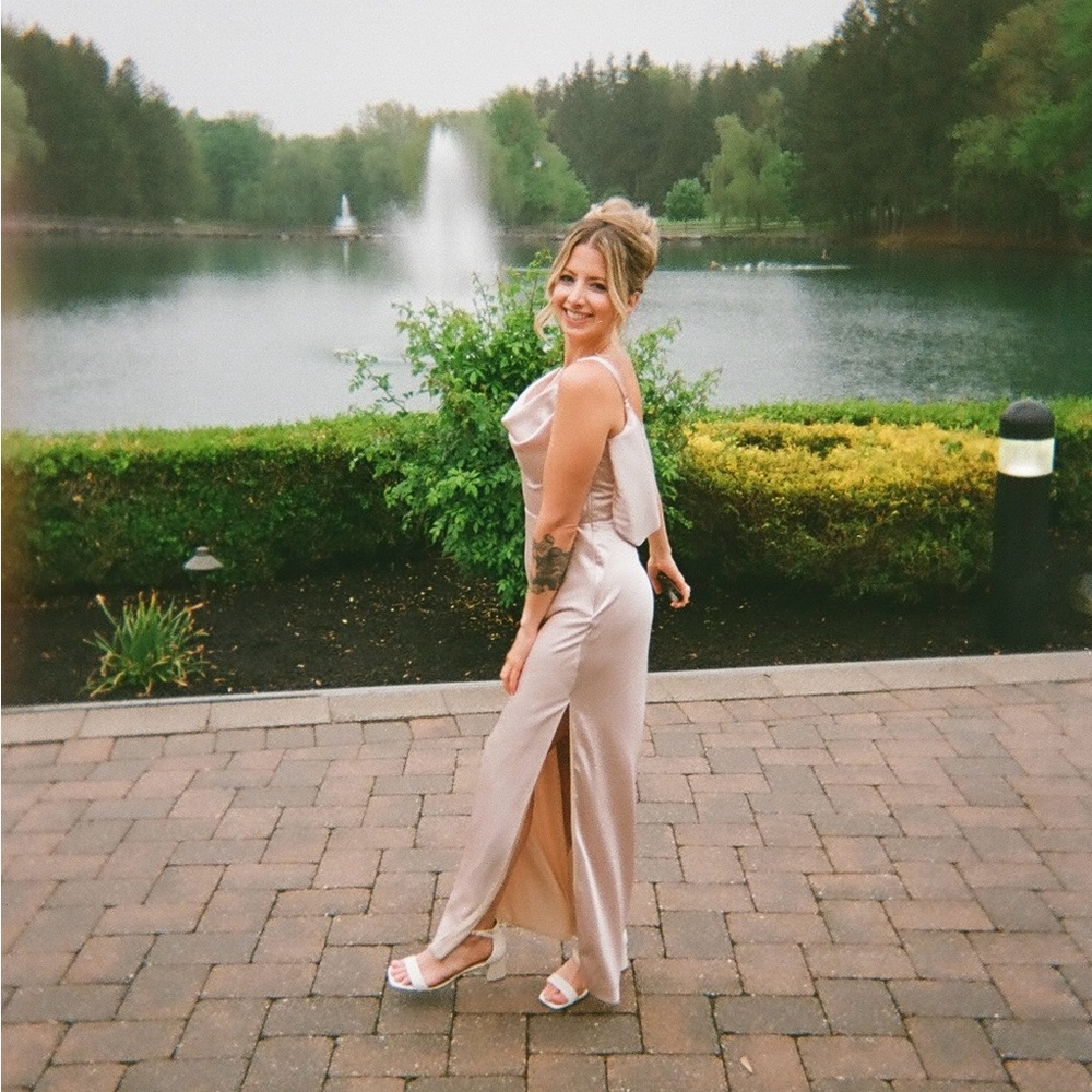 Revelry Nadia Satin Dress | Soft champagne | Size 6 Petite Maxi